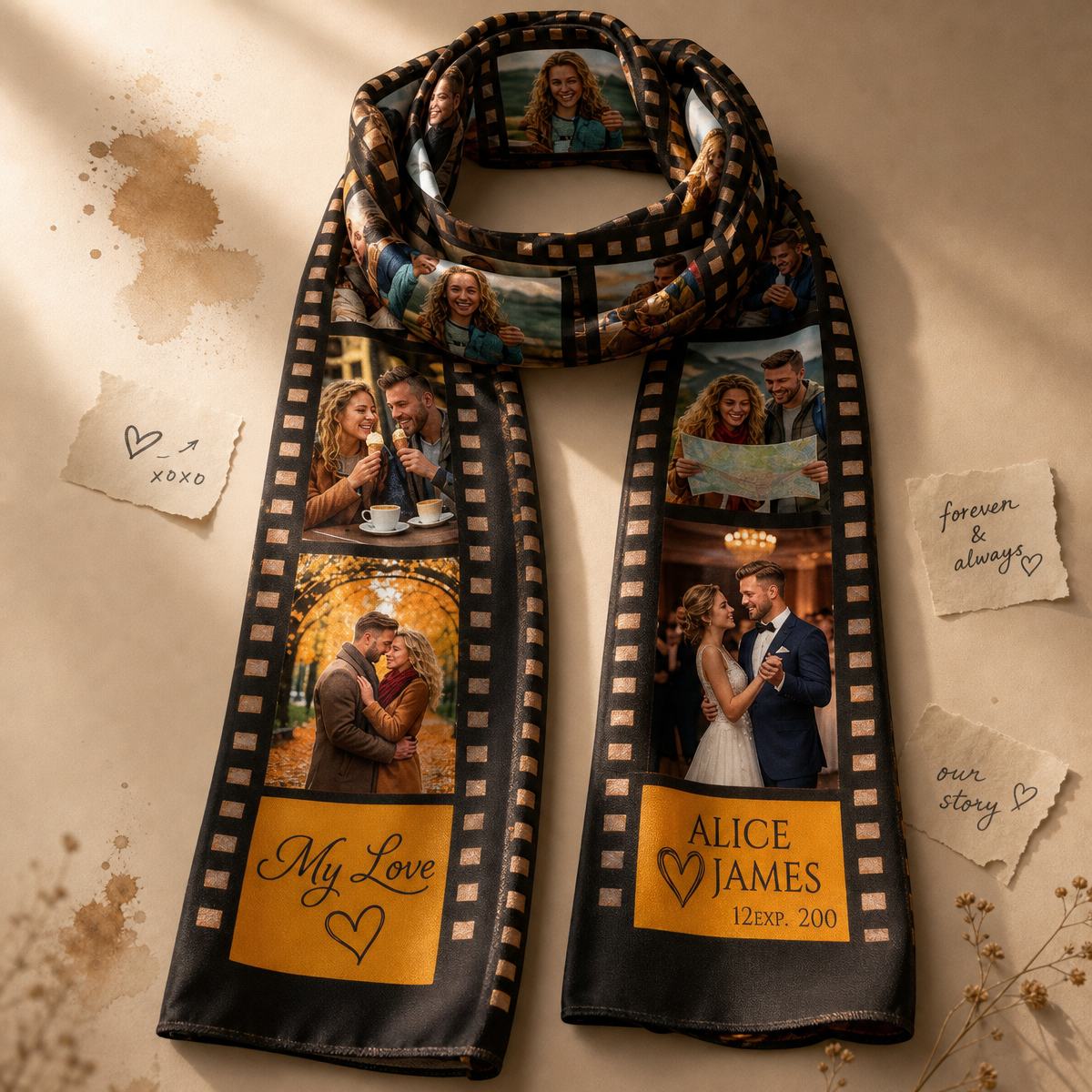 Personalized 12 Photo Film Strip Scarf Custom Names Date Text Printed Winter Scarf Gift for Loved Ones