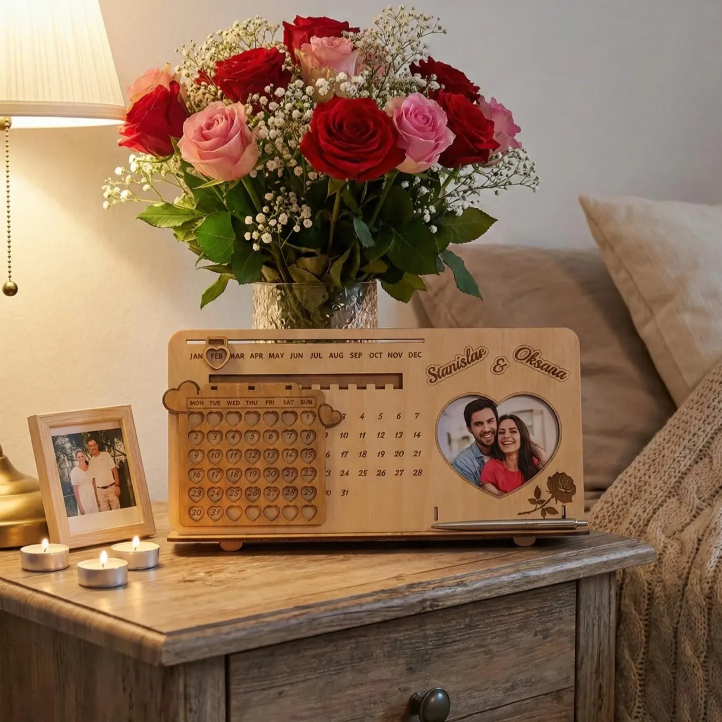 Personalized Photo Perpetual Calendar Custom Infinity Wooden Calendar Engraved Timeless Wooden Perpetual Calendar for Couples Romantic Valentine's Day Gift