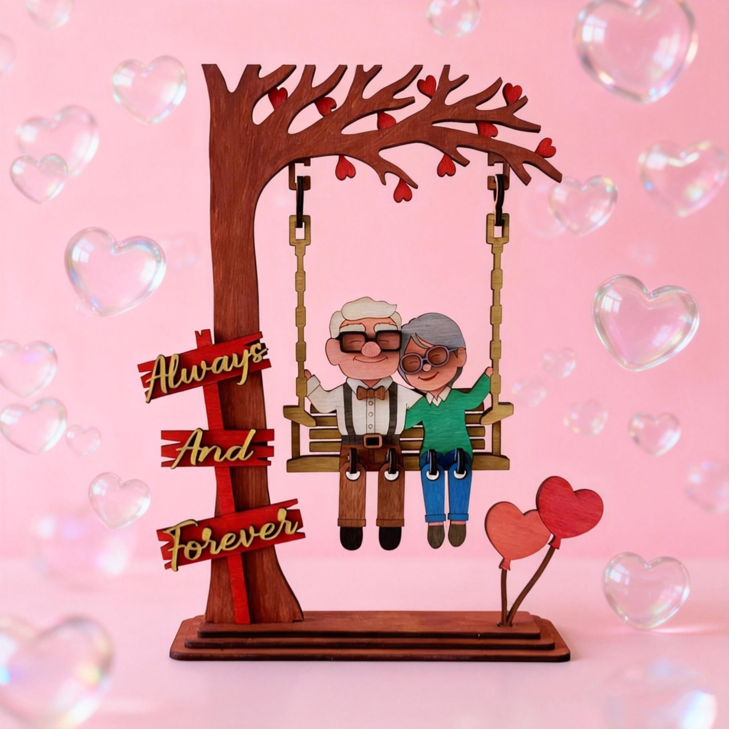 Custom Photo to Cartoon Couple on Swing Wooden Decor Personalized Relationship Milestone Tabletop Swing Ornament Valentine's Day Wooden Art