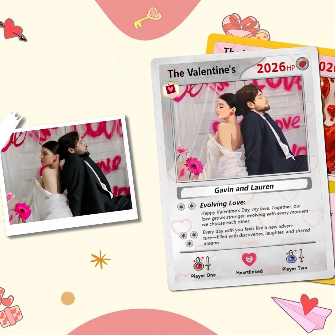 Personalized Valentine’s Day Power Couple Card, Custom Anniversary Card Couple Photo Anime Style, Best Valentine's Day Gift for Lover - namenecklace