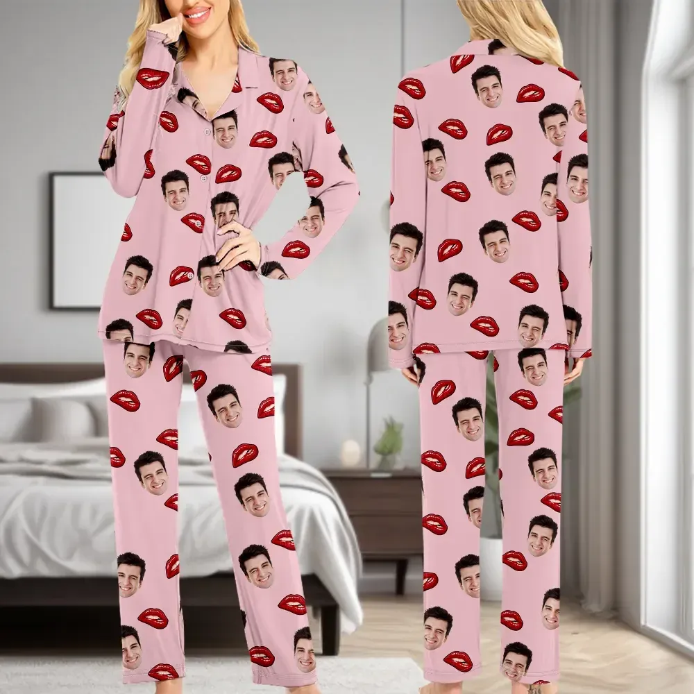 Custom Face Long Sleeve Pajamas Custom Red Lips Photo Pajamas