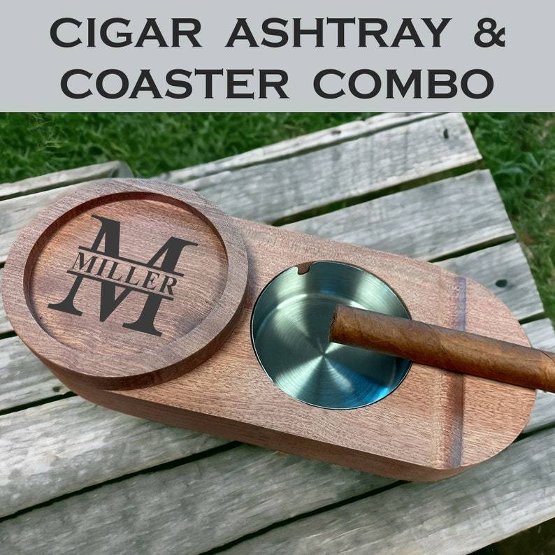Custom Cigar Ashtray & Drink Coaster Combo Wooden Ashtray Bourbon Gifts Whiskey Gifts Cigar Holder Custom Coasters Gifts for Him