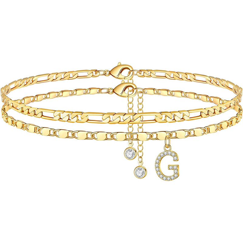 Personalized CZ Initial Double Chain Anklet – Sparkling Letter Charm Layered Ankle Bracelet for Her