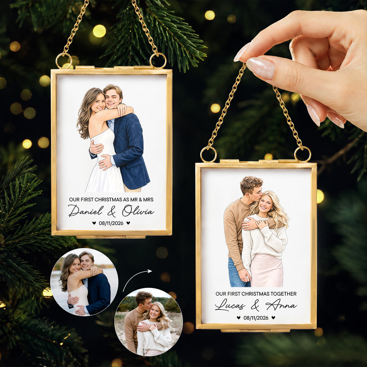 Personalized Couple Photo Frame Ornament Custom Metal Hanging Glass Picture Frame Christmas Ornament