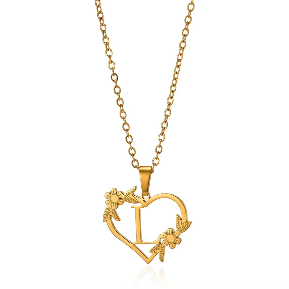 Initial Heart Necklace with Flower Charm Heart Letter Pendant Personalized Floral Initial Necklace Bloom Heart Letter Necklace