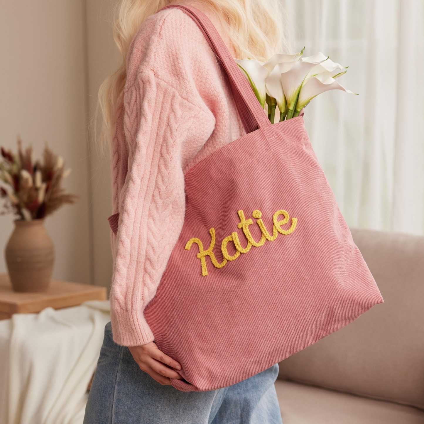 Custom Corduroy Tote Bag Personalized Embroidered Corduroy Tote Bag With Magnetic Buckle Mother's Day Gifts