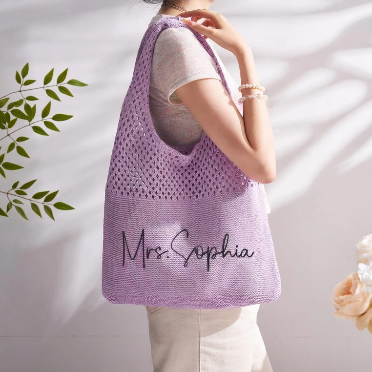 Personalized Name Crochet Tote Bag Custom Script Name Crochet Shoulder Bag Hand Knit Summer Beach Bag Gifts for Her - namenecklace