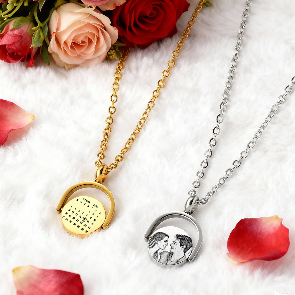 Personalized Photo Spinner Necklace Custom Couple's Rotating Photo Calendar Necklace Valentine's Day Gifts