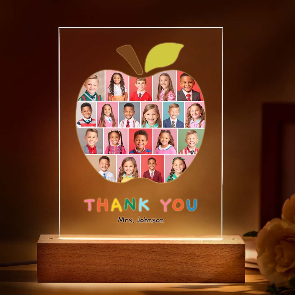 Personalized Teacher Appreciation Night Light Custom Class Photo LED Lamp Apple Shaped Thank You Gift for Teachers End of Year Class Keepsake
