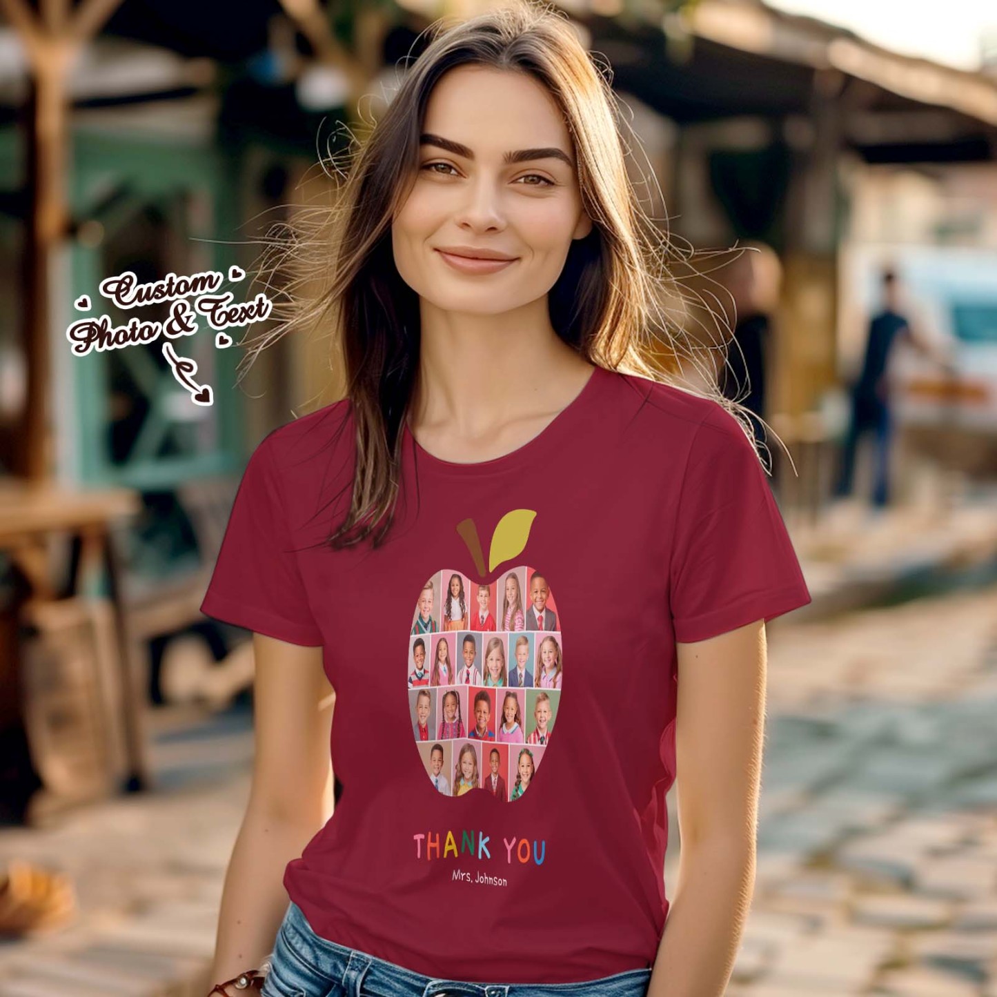 Custom Photo Apple T-Shirt Personalized Teacher Appreciation Gift Customized Teacher Appreciation T-Shirt with Student Photos
