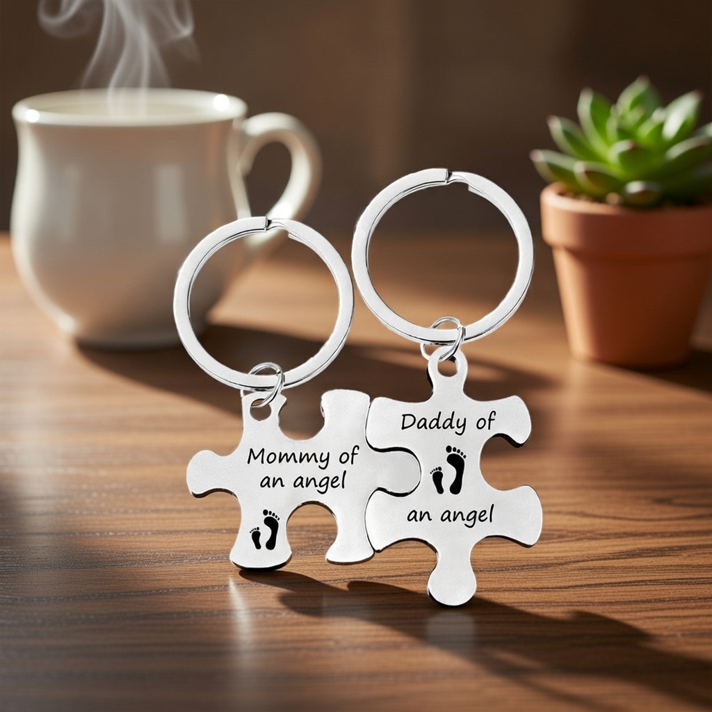 Puzzle Piece Keychain Set Engraved With Mommy Of An Angel And Daddy Of An Angel Interlocking Design Symbolizes The Shared Bond And Memory