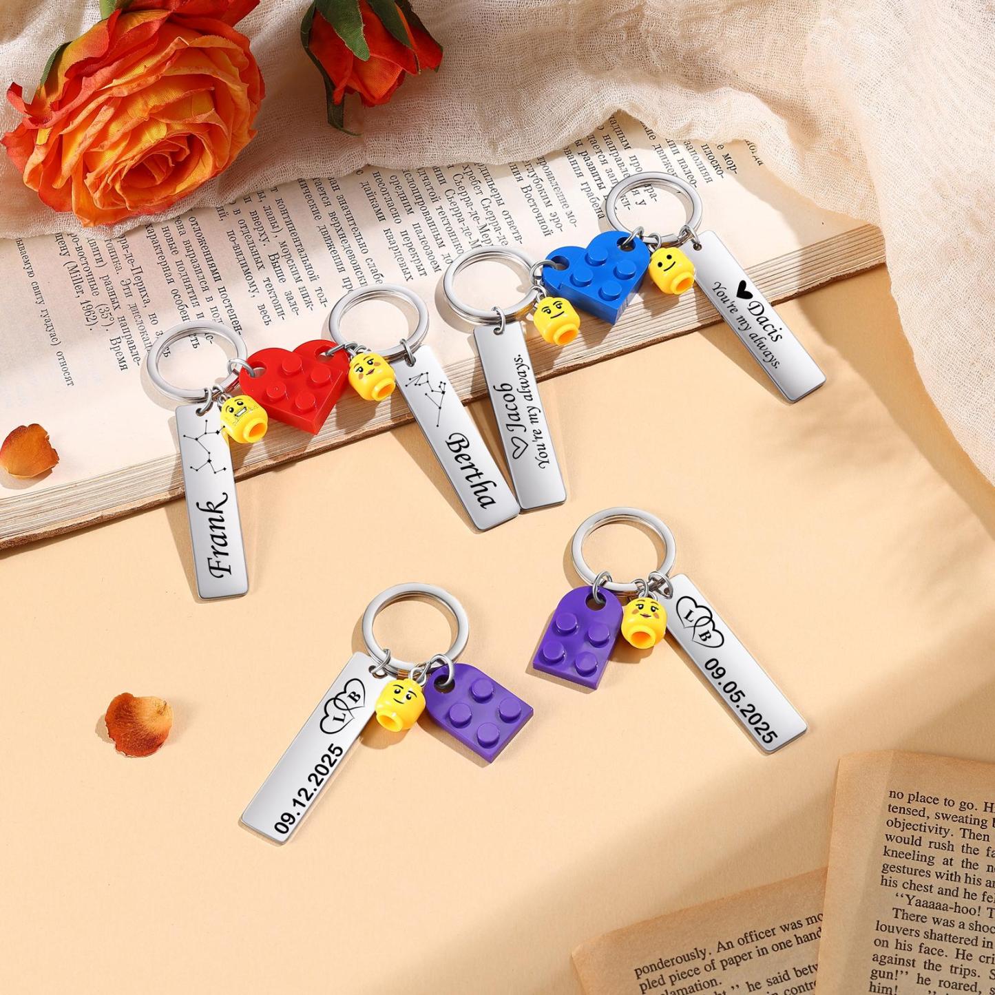 Personalized Building Block Heart KeychainCustom Engraved Couple Keychain Set Stamped Heart Puzzle Keychain Valentine's Day Gifts