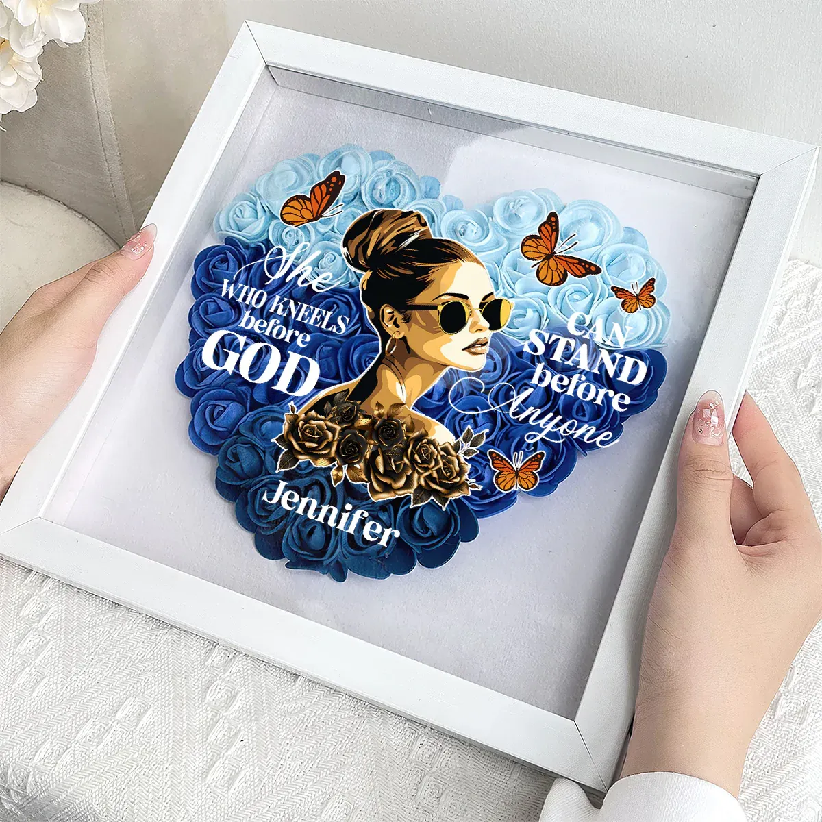 She Who Kneels Before God | Personalized Heart Flower Shadow Box