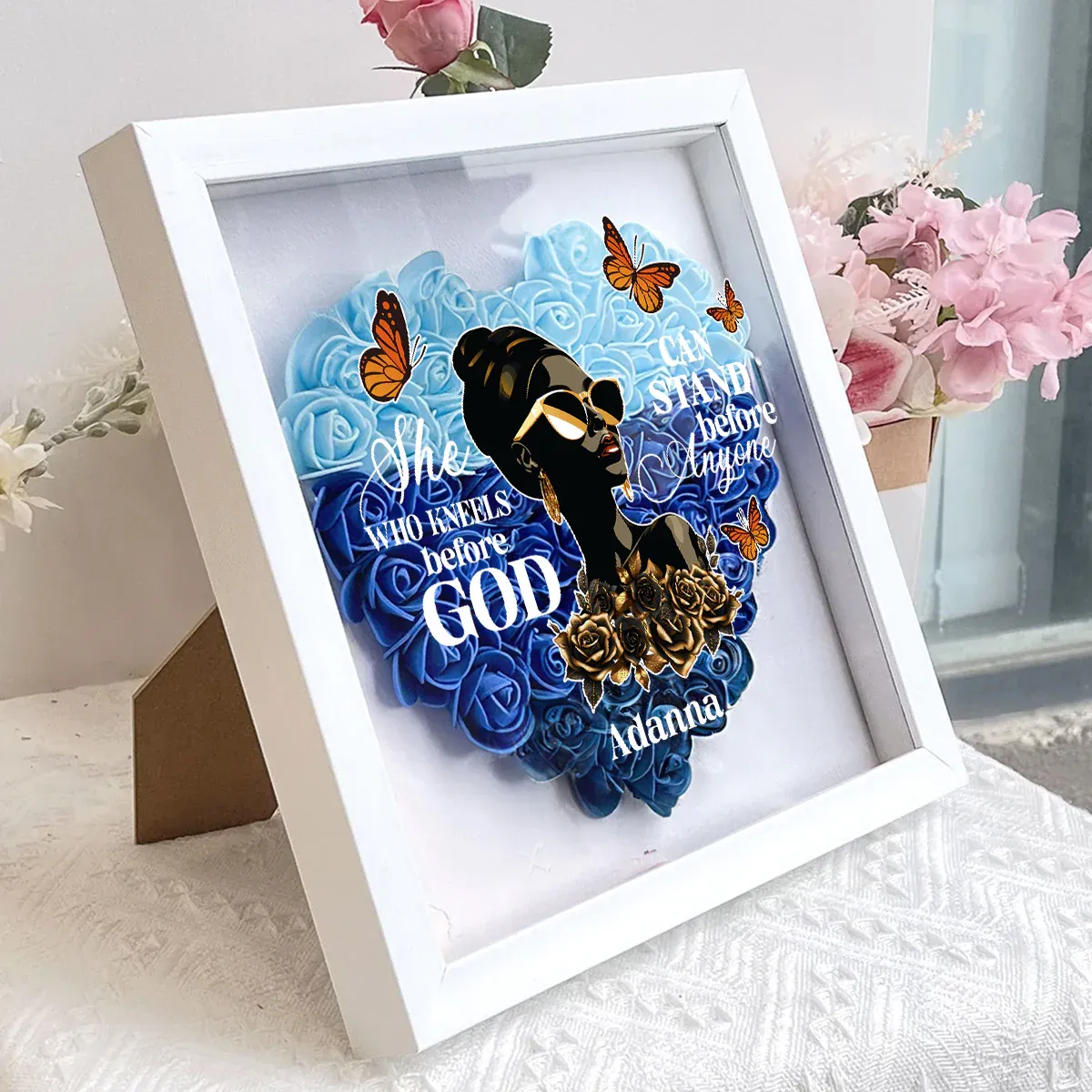 She Who Kneels Before God | Personalized Heart Flower Shadow Box