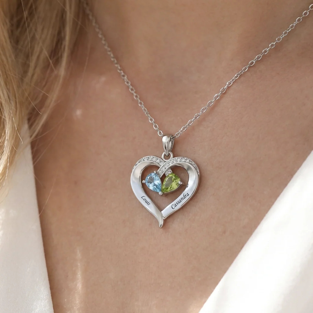Personalized Entwined Hearts Necklace  Custom Two Brithstone Pendant Necklace with Name Engraving Valentine's Day Gift for Her