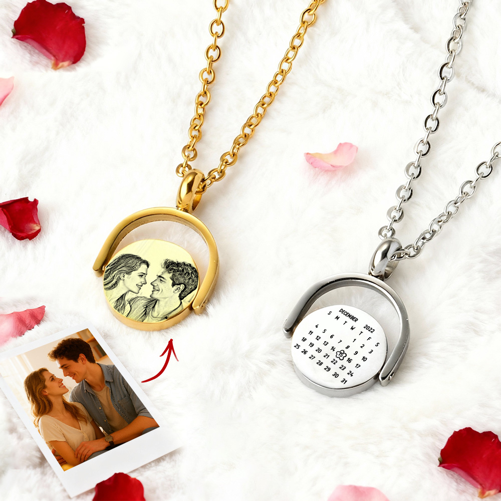 Personalized Photo Spinner Necklace Custom Couple's Rotating Photo Calendar Necklace Valentine's Day Gifts