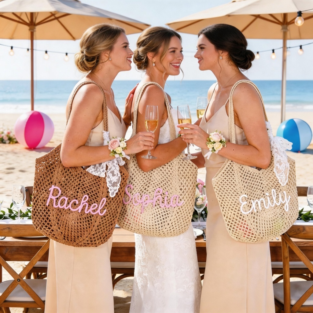 Personalized Crochet Beach Bag with Custom Name Monogrammed Straw Style Mesh Bag for Summer Vacation Hand Knit Name Tote Bag - namenecklace