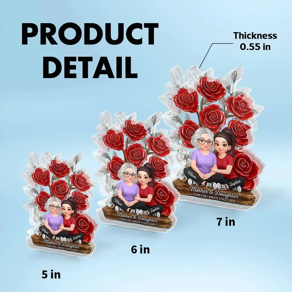 Mother's Day Gift Personalized Mother and Daughter Forever Linked Together Acrylic Plaque Custom Cartoon Mother and Daughter Rose Desktop Ornament Heartwarming