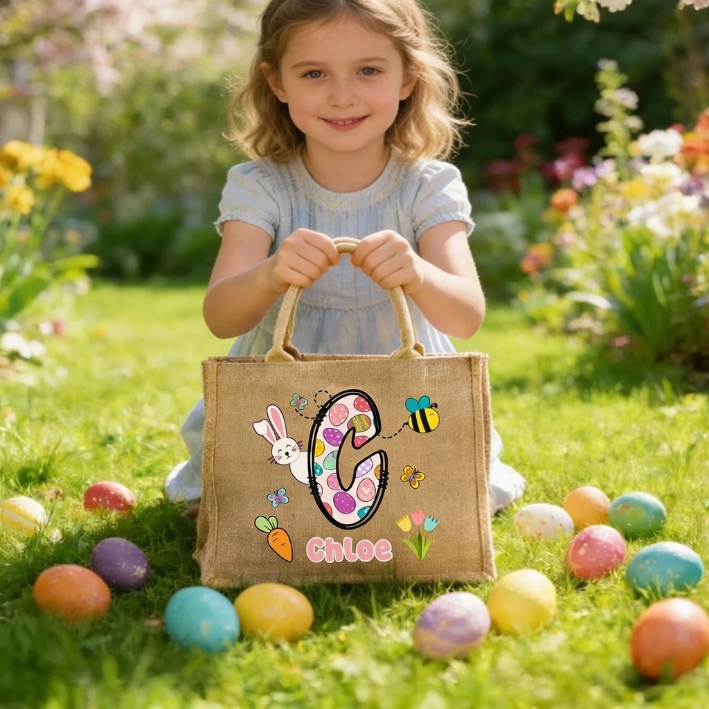 Personalized Easter Egg Initial Bunny Jute Tote Bag Custom Easter Egg Hunting Bag With Custom Name Gifts for Kids