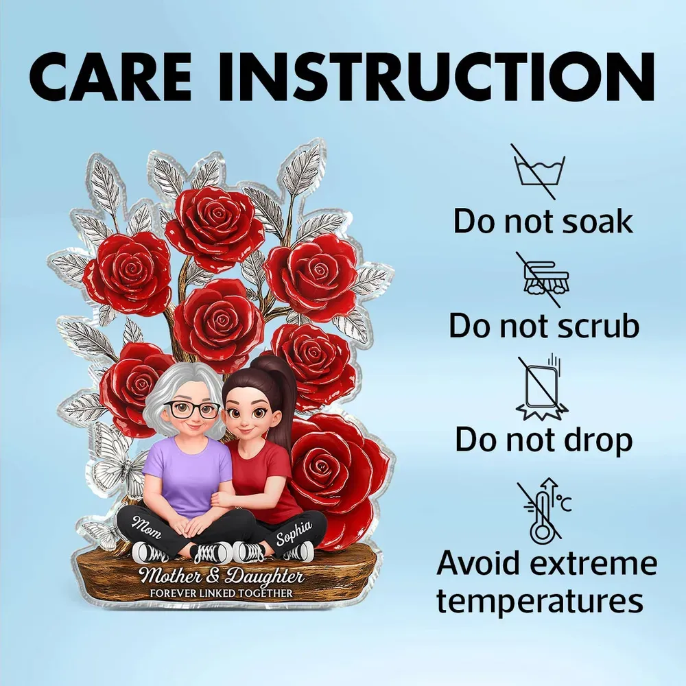 Mother's Day Gift Personalized Mother and Daughter Forever Linked Together Acrylic Plaque Custom Cartoon Mother and Daughter Rose Desktop Ornament Heartwarming