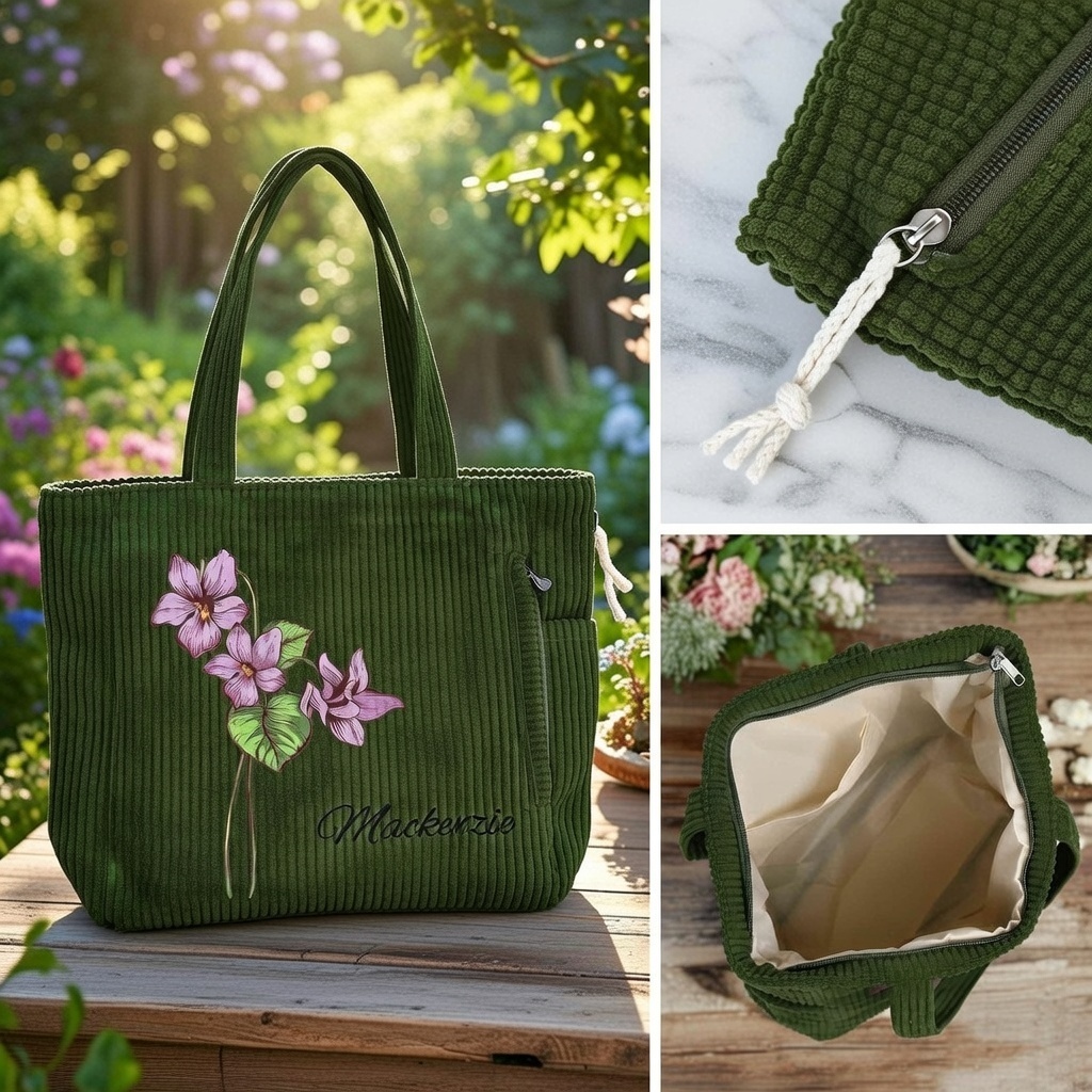 Personalized Name Birth Flower Corduroy Tote Bag Custom Birth Month Flower Corduroy Tote Bag Large Capacity Zippered Commuter Handbag with Side Pockets Gift for Her