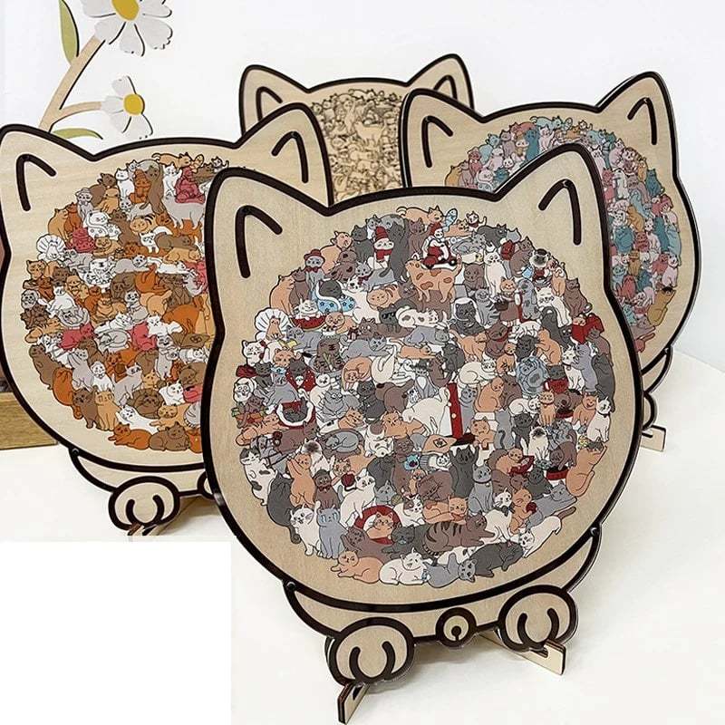 135-Piece Morandi-Colored Cat Shaped Wooden Jigsaw Puzzle Unique Gift for Cat Lover