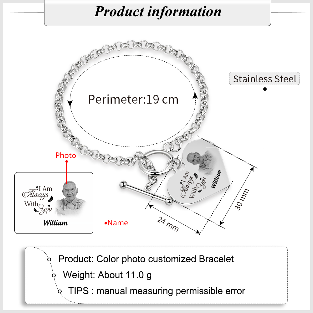 Custom Photo Memorial Bracelet Personalized "I'll Always Be with You" Engraved Bracelet Keepsake Bracelet Memory Bracelet