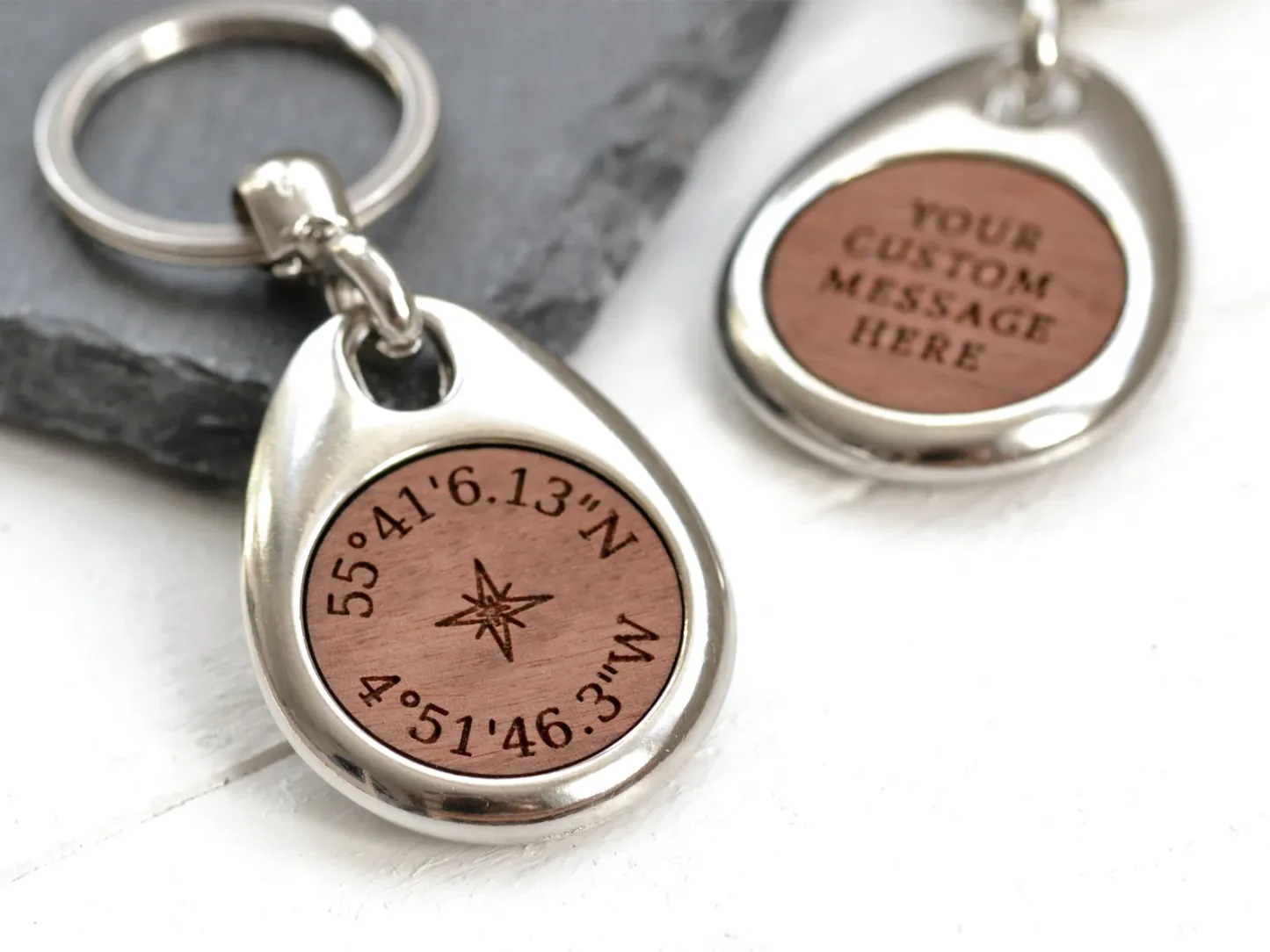 Custom Coordinates Keyring 5th Anniversary Gift for Him Wood Keychain Compass Keychain & Personalised Christmas Gift for Him
