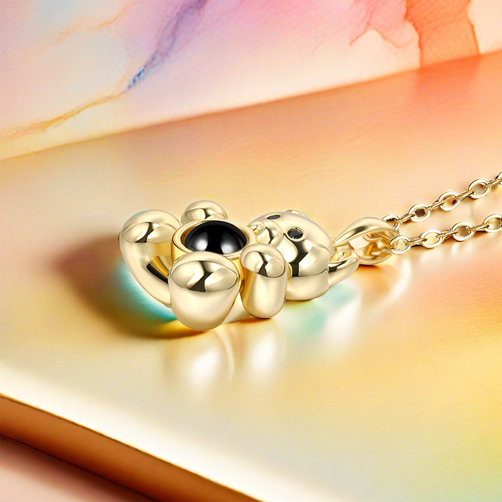 "Fall in Love" Teddy Bear Personalized Photo Projection Sterling Silver Necklace