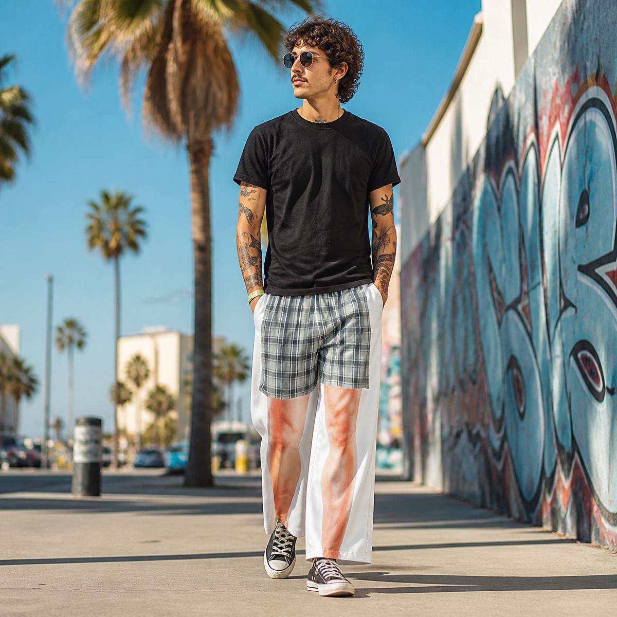3D Illusion Plaid Shorts Printed Long Sweatpants Funny Fake Two Piece Pants Gag Gift for Him