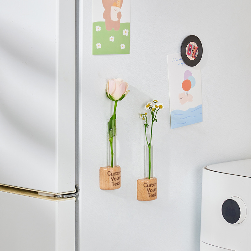Customized Wood-Colored Refrigerator Magnets Personalized Magnetic Test Tube Vase Flower Holder Creative Decorative Wall-Mounted Hydroponic Vase