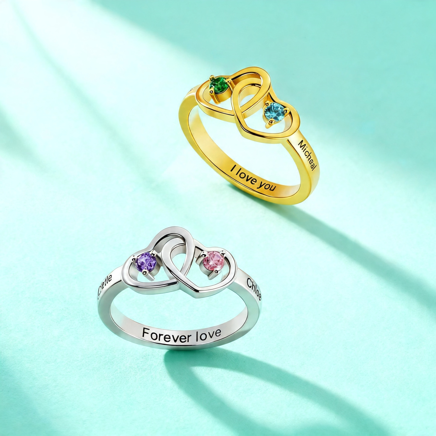 Personalized Interlocking Two Heart Birthstone Ring Custom Name Engagement Jewelry Gift for Girlfriend