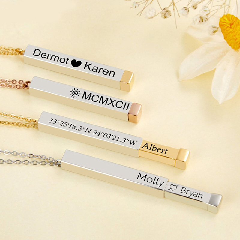Custom  Nested Rectangle Engraved Necklace – Personalized Inside & Outside Text Dual Engraving Custom Couple Gift