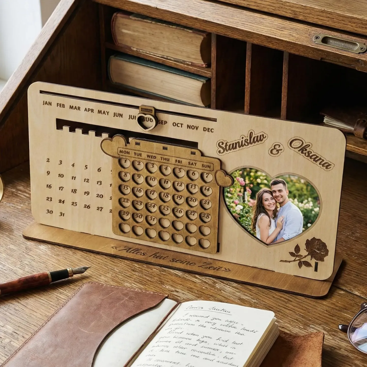 Personalized Photo Perpetual Calendar Custom Infinity Wooden Calendar Engraved Timeless Wooden Perpetual Calendar for Couples Romantic Valentine's Day Gift