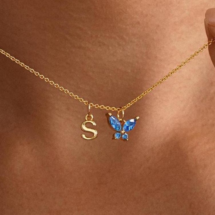 Personalized Butterfly Birthstone Initial Necklace Custom Monogram Jewelry Birthday Gift for Her