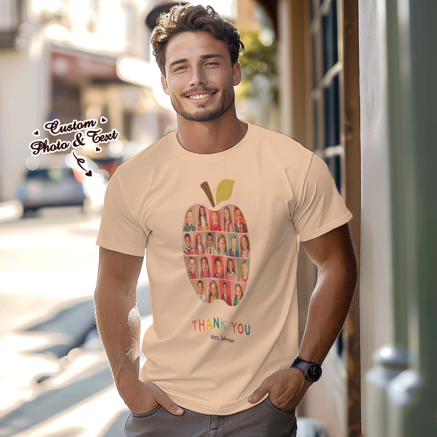 Custom Photo Apple T-Shirt Personalized Teacher Appreciation Gift Customized Teacher Appreciation T-Shirt with Student Photos