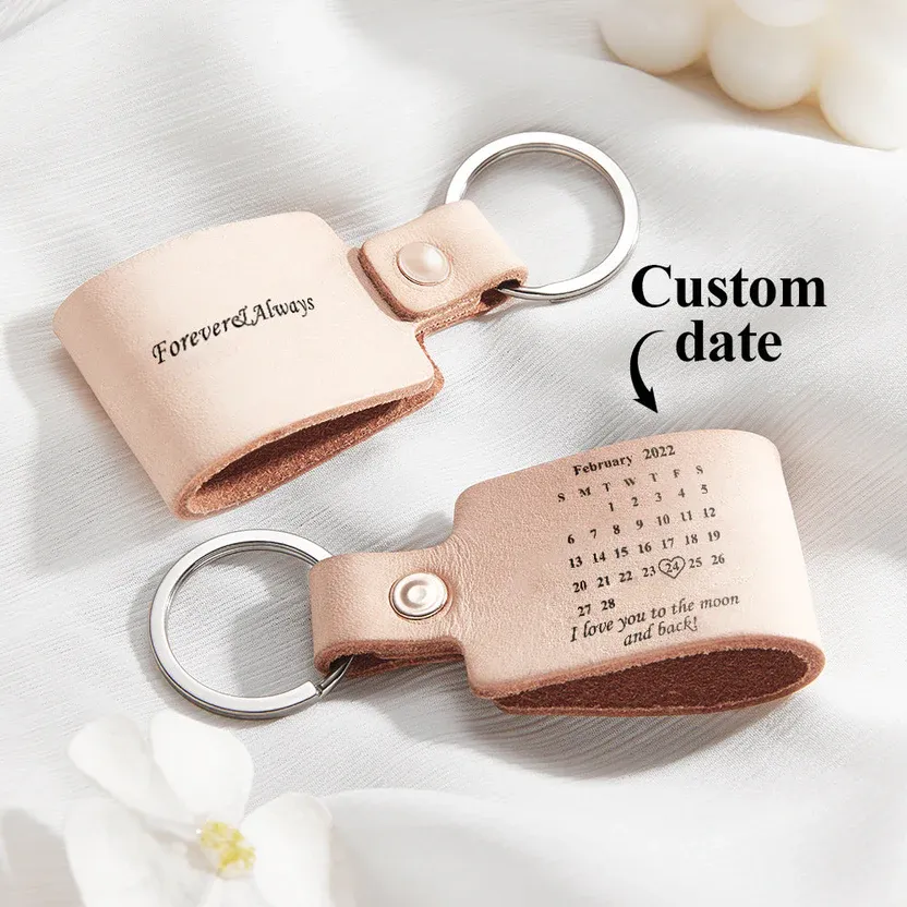 Personalized Calendar Leather Keychain Custom Engraved Date Elegant Keyring Anniversary Gif