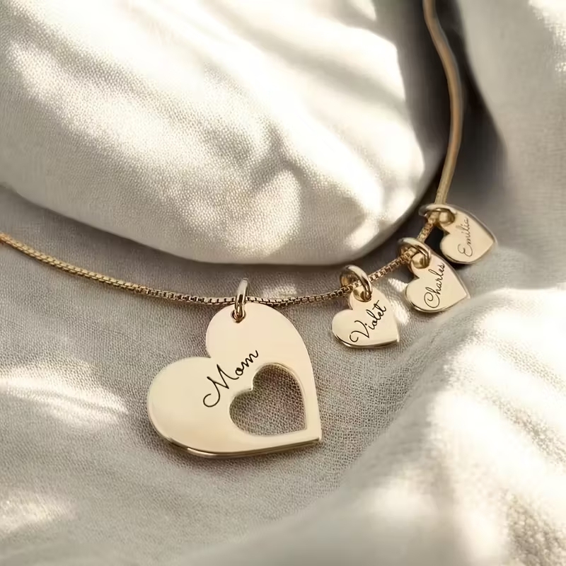 Personalized Family Heart Necklace – Large Pendant with Optional Kids’ Name Mini Heart Charms for Moms