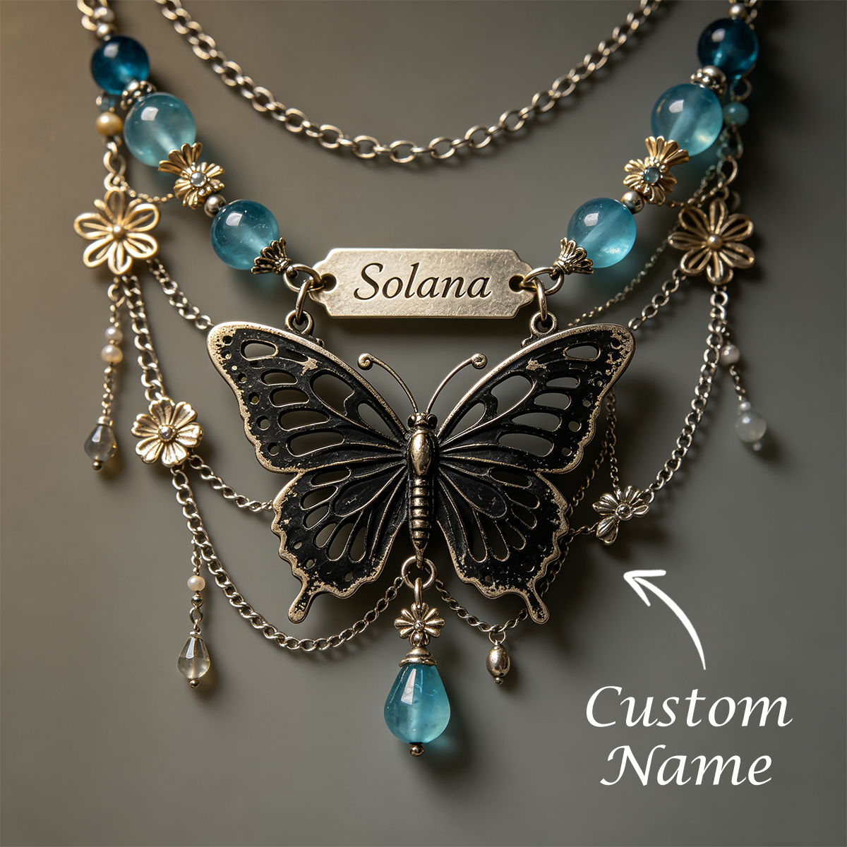 Statement Butterfly Name Necklace – 925 Sterling Silver with Sculptural Butterfly, Name Plate & Floral Chain - namenecklace