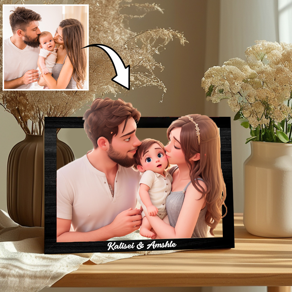 Custom Family Photo 3D Cartoon Portrait Gift Personalized Cartoon Style 3D Photo Wooden Frame Sign Comic Photo Frame Family Gift - NameNecklaceAU