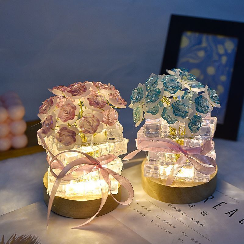 Crystal Rose Night Light USB Desk Lamp Translucent Flower Bouquet LED Mood Lamp Mini Rose Bouquet Nightlight Valentine's Gifts - NameNecklaceAU