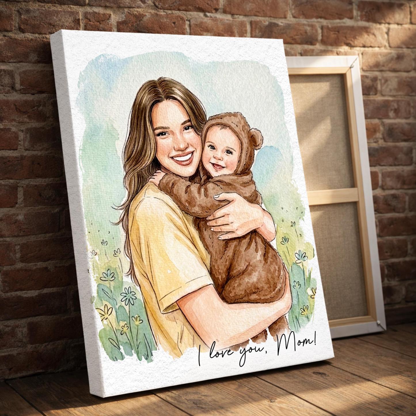 Personalized Photo to Illustration Custom Canvas Print Custom Portrait and Message Custom Photo to Art First Mother's Day Gift for New Mom - NameNecklaceAU