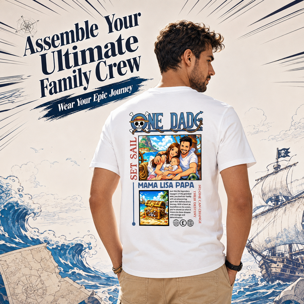 Personalized Family Photo Pirate Tee Custom Photo Anime T-Shirt Father's Day Gifts for Dad