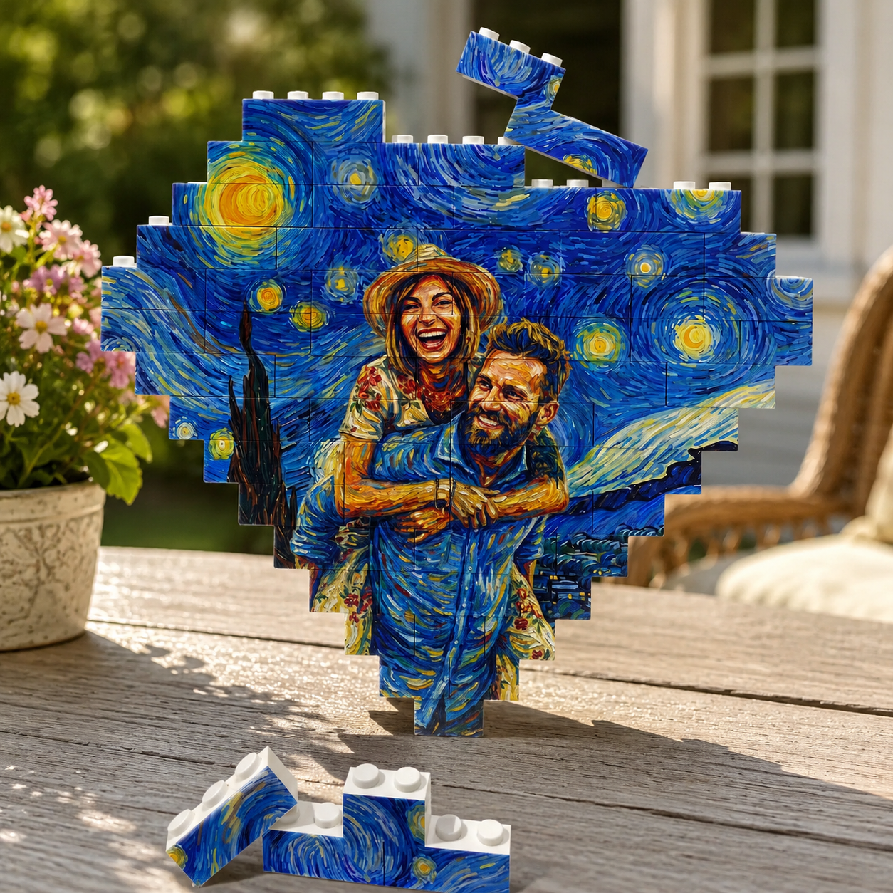 Personalized Couple Photo Van Gogh Building Blocks Custom Starry Night Painting Puzzle Anniversary Gift for Lovers - NameNecklaceAU