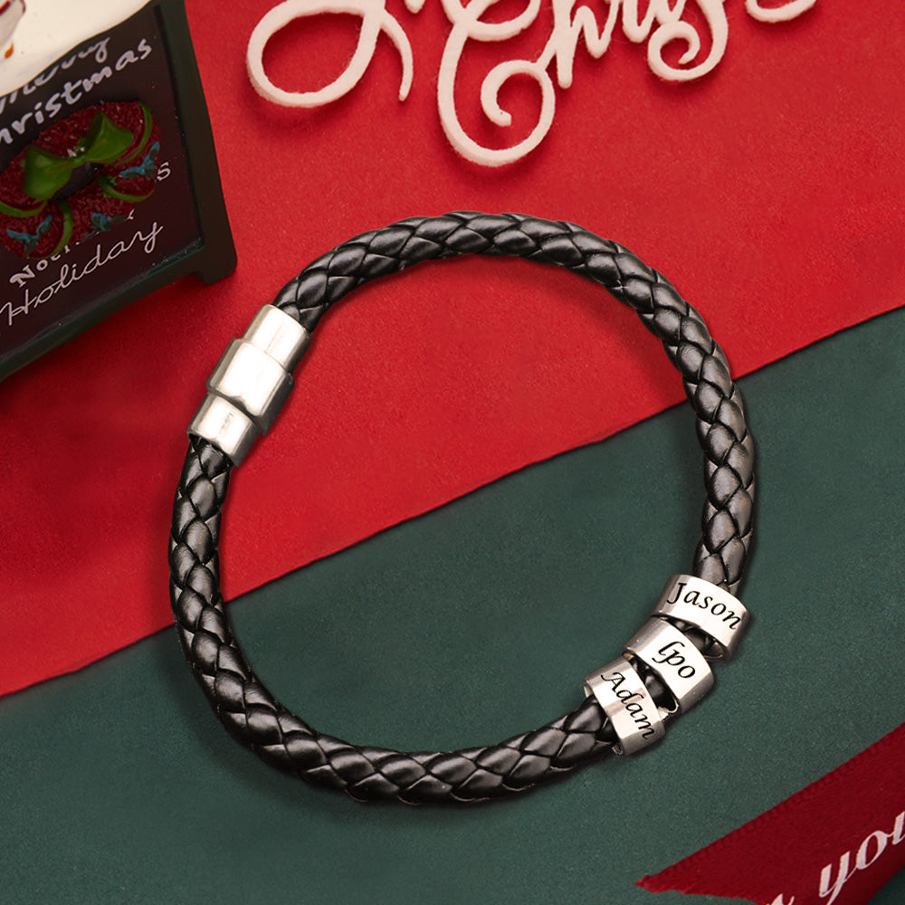 Christmas Gift Men's Leather Bracelet Custom Engraved Bracelet Black Leather Beads for Him 1-6 Charms