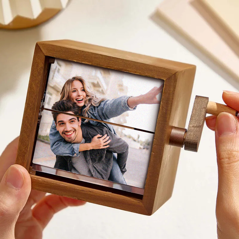 Mother's Day Gifts Flip Book Frame Animation Machine Mechanical Hand-cranked Custom Photo Album with Light Black Walnut Baby Photo Cube Frame - NameNecklaceAU