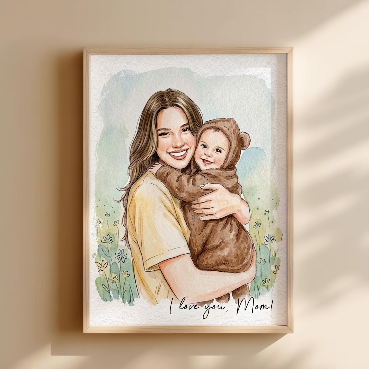 Personalized Photo to Illustration Custom Canvas Print Custom Portrait and Message Custom Photo to Art First Mother's Day Gift for New Mom - NameNecklaceAU