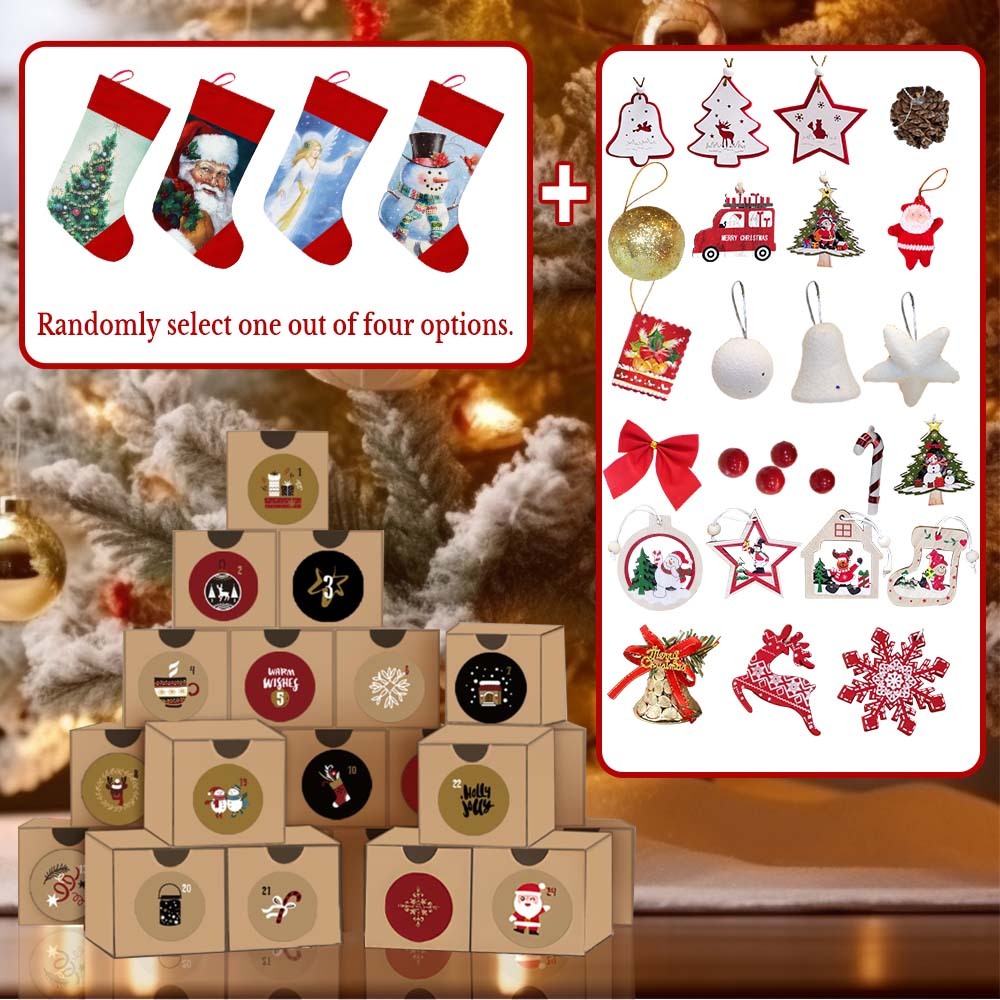 Christmas Countdown Calendar Gift Box - 23 Christmas Ornaments + 1 Magnetic Socks/Christmas Socking - yournamenecklaceau