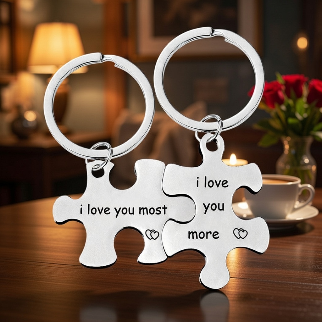 Romantic Matching Puzzle Piece Keychain Set Engraved With His Queen And Her King Perfectly Interlocking Pieces That Symbolize Two Halves Of a Whole - NameNecklaceAU