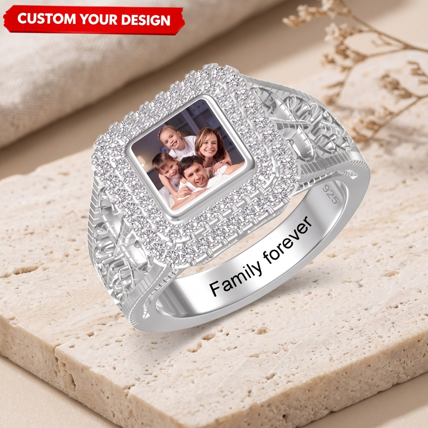 Custom Photo Engraved Name Personalized Square Shaped Ring with Sparkling Diamond Memorial Jewelry Gift For Family Mom Wife Girlfriend - NameNecklaceAU